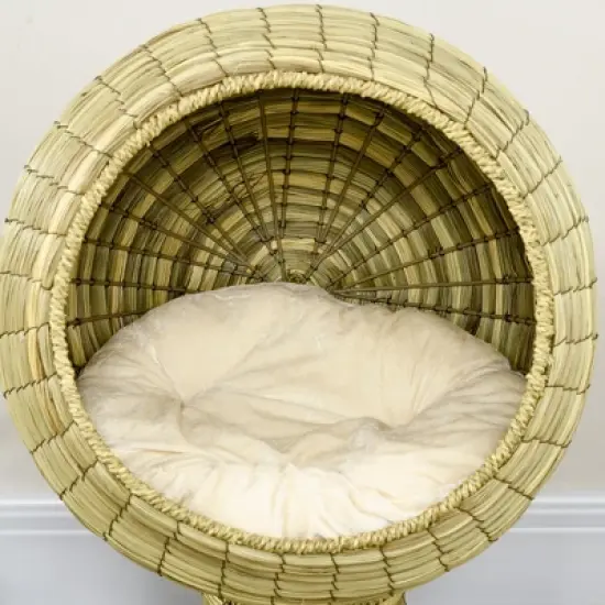 PawHut Elevated Cat Bed with Rotatable Egg Chair Pod, Cat Basket Bed with Thick Cushion, Natural Mat Grass Woven Kitty House image {4}
