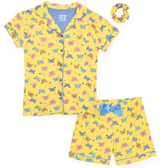 Sleep On It 2-Piece Girl's Pajama Shorts Set Featuring Multicolored Butterflies with Matching Scrunchie - Yellow Girls Sleepwear Set image {12}