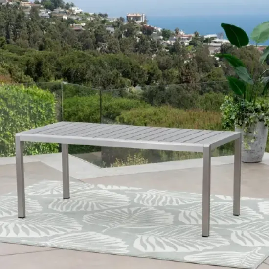 70'' Aluminum Rectangular Outdoor Dining Table for 6, Modern Outdoor Dining Table with Faux Wood Slatted Top for Deck or Garden-Coolbibila image {7}