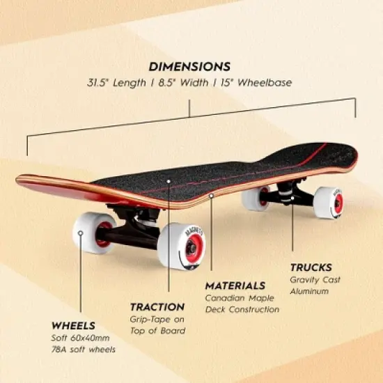 Magneto SUV Skateboards | Fully Assembled 31.5" x 8.5" Standard Size | 7 Layer Canadian Maple Deck with Free Skate Tool, SUV Red image {1}