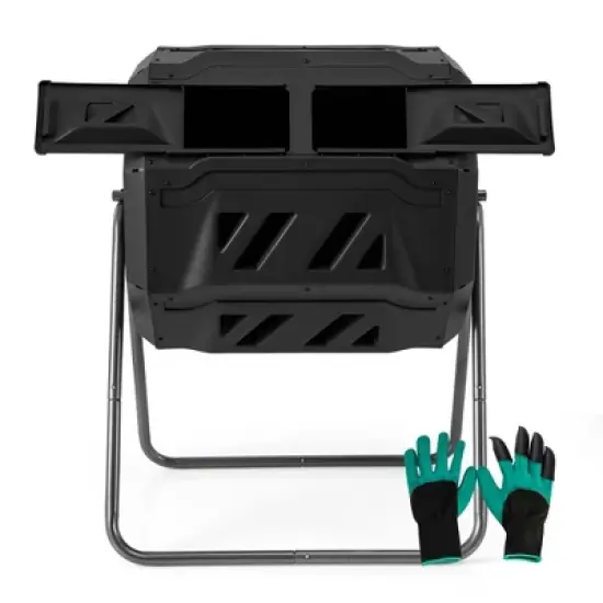 Costway 42-Gal Compost Bin Dual Chamber Composting Tumbler with 2 Sliding Doors Metal Frame Black/Green image {9}