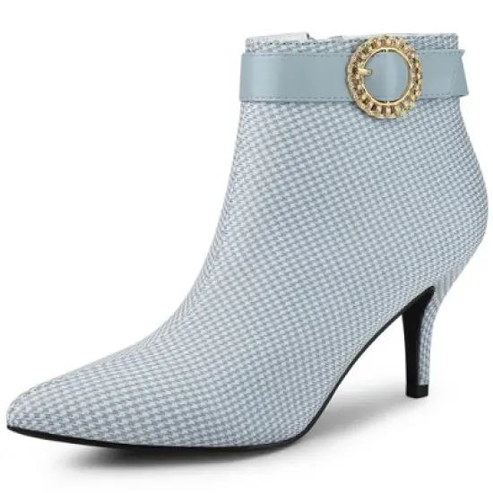 Allegra K Women's Buckle Stiletto High Heels Houndstooth Ankle Boots image {7}