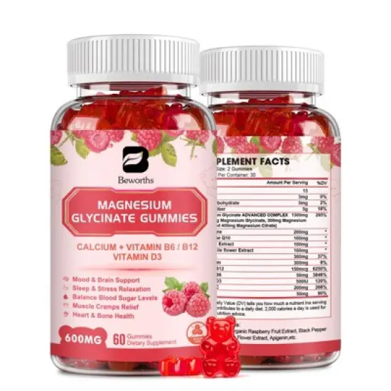 B Beworths 600 Mg Magnesium Glycinate Gummies, Magnesium Supplement Complex, Support Joint & Energy, Vegan & 0-Sugar, 60 Count image {8}