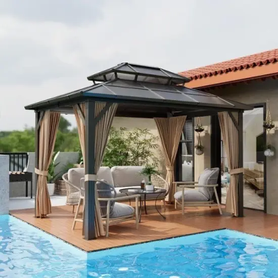 10x13 FT Outdoor Gazebo with Polycarbonate Double Roof, Aluminum Frame Pergola with Curtains and Netting for Patio, Garden, Patio, Lawns, Khaki image {8}