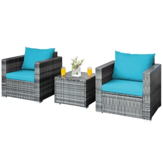 Tangkula 3PCS Patio Rattan Furniture Set Outdoor Bistro Set w/Washable Cushion for Garden Poolside Backyard Turquoise image {2}