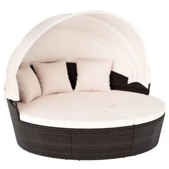 Costway Patio Round Daybed PE Rattan Cushioned Sectional Seating with Retractable Canopy image {10}