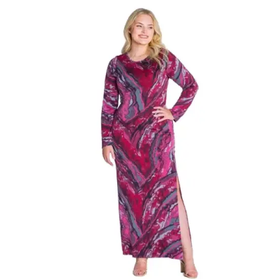 Womens Plus Size Magenta Print Long Sleeve Side Slit Maxi Dress image {3}