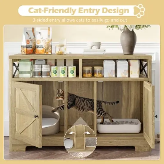 Cat Litter Box Enclosure for 2 Cats, 47" Double Hidden Cat Litter Box Furniture, Wood Cat Washroom, Indoor Pet House End Table, Fit Most Litter Box image {5}
