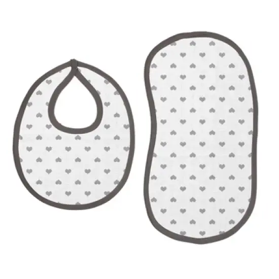 Bacati - Love/Hearts Muslin 4 pc set of Bibs & Burp Cloths Set, Gray image {1}