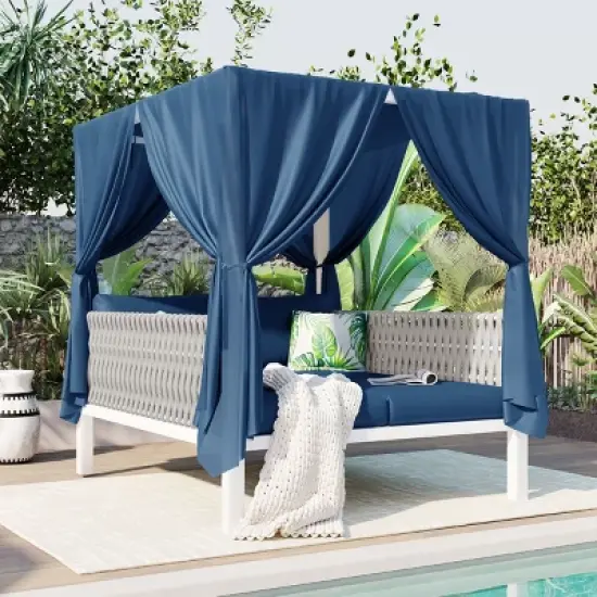 Outdoor Patio Daybed with Curtain and Canopy, 2-Seater Woven Rope Sunbed, Daybed with Iron Frame and Foam Cushions and Pillows&ndash;Cuddlewood image {7}