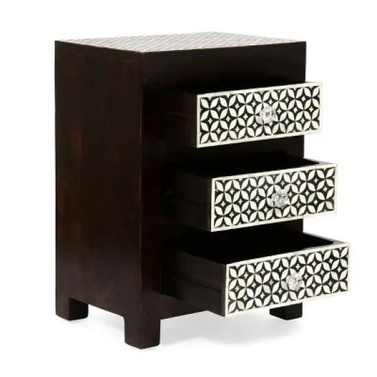 Benewah Handcrafted Boho 3 Drawer Mango Wood Nightstand Dark Walnut/Black/White - Christopher Knight Home image {2}