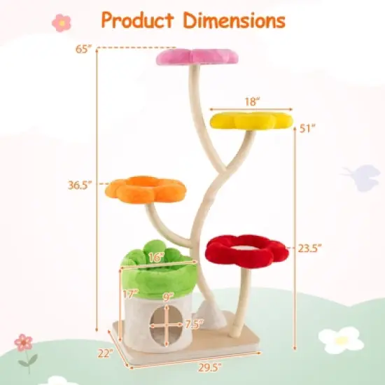 Tangkula 64" Multi-layer Cat Tower w/4 Colorful Flower-shaped Platforms Scratching Posts image {8}