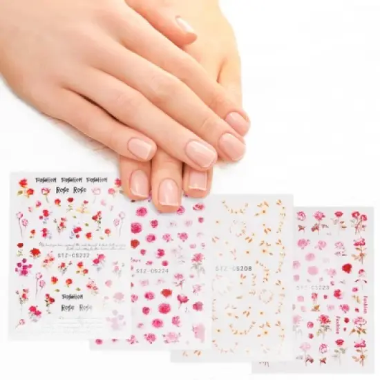 Unique Bargains Self-Adhesive Floral Pattern  Nail Art Stickers Red Pink 4 Pcs image {1}