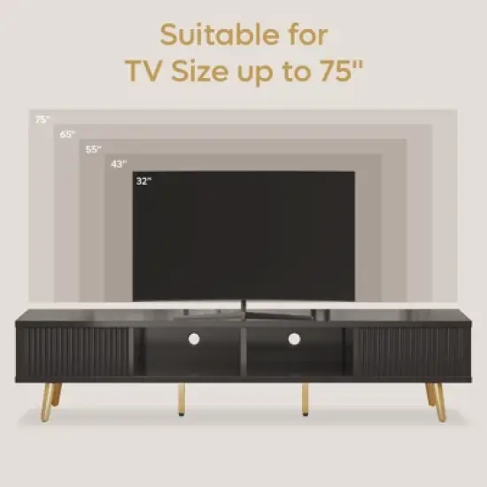 Bestier 71" Modern TV Stand for 75/80 inch TV with Fluted Sliding Doors, High Gloss Entertainment Center with Storage for Living Room, Cord Management image {3}