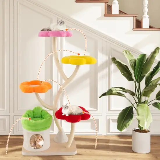 Tangkula 64" Multi-layer Cat Tower w/4 Colorful Flower-shaped Platforms Scratching Posts image {2}