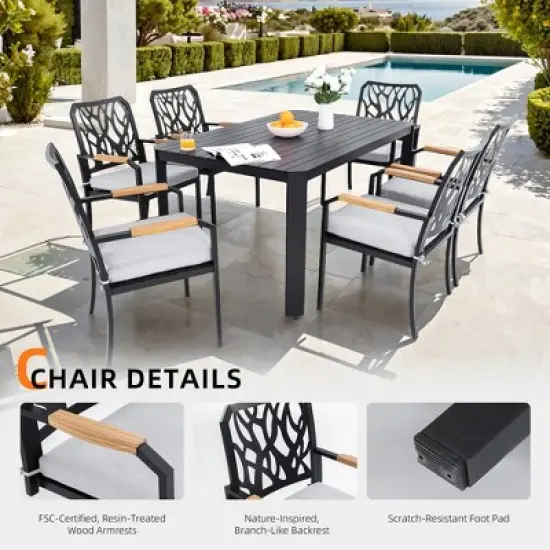 7-Piece Outdoor Patio Aluminum Dining Set with 59" Rectangular Table, 6 Cushioned Armchairs, and Umbrella Hole image {2}