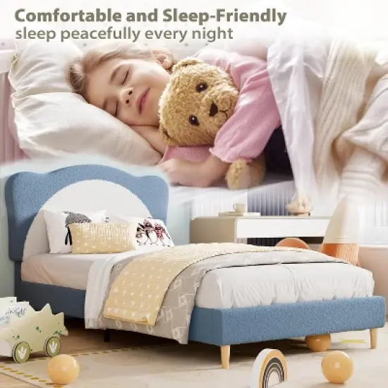 Upholstered Kids Bed Frame with Adjustable Scalloped Headboard, Cute Velvet Princess Platform Bed for Girls, Solid Wood Slats Support image {3}