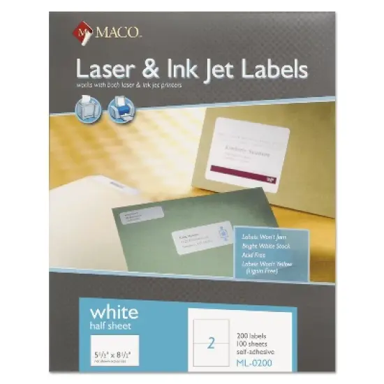 MACO White Laser/Inkjet Internet Shipping Labels 5 1/2 x 8 1/2 200/Box ML0200 image {2}