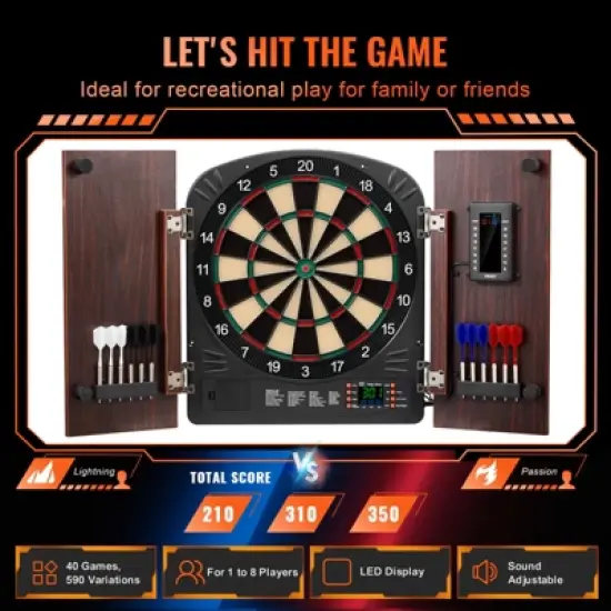 VEVOR Dartboard and Cabinet Set, Ready-to-Play Bundle Dartboard Cabinet Set, Hideaway Cabinet Features Electronic Scoring, Brown image {2}