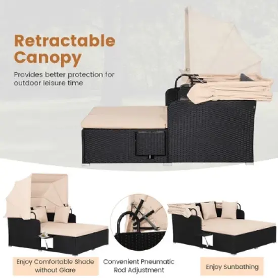 Tangkula Outdoor Wicker Lounge Daybed Hand-Woven PE Rattan Patio Loveseat Sofa Set with Retractable Canopy & 2 Side Tables with Soft Cushions Beige image {5}