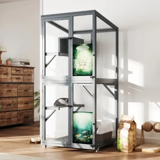 70" Wooden Cat House,Outdoor Cat Enclosure with Platforms,Wheels,Lockable Doors,Sunshine Roof - Maison Boucle image {7}