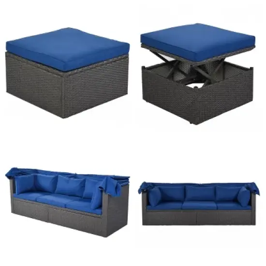 Outdoor Wicker Patio Daybed with Retractable Canopy, Sunbed with Ottoman and Height Adjustable Table, Daybed with Foam Cushions&ndash;Cuddlewood image {4}