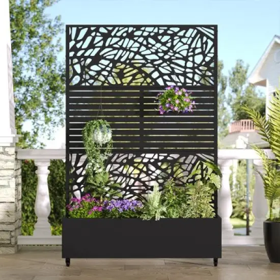SpassWay 72"H Two-tone Patio Planter Box with Trellis Metal Raised Garden Bed Black Decorative Privacy Screen with Wheels image {9}