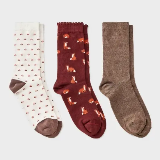 Women's Foxes Scallop Cuff 3pk Crew Socks - A New Day&trade; Burgundy/Brown Heather/Ivory 4-10 image {3}