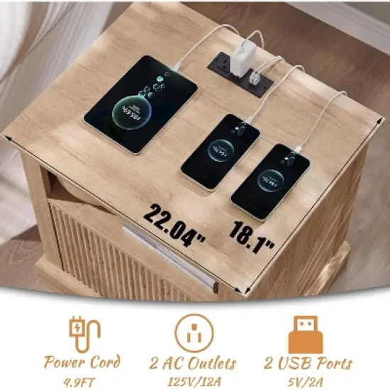 Nightstand with Charging Station, 22" Large Modern Side Table, Wood End Table w/Open Shelf & Spacious Tabletop image {2}