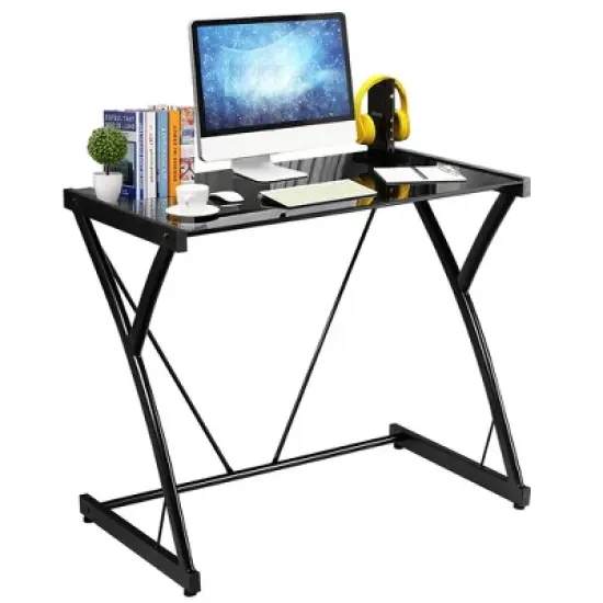 Costway Glass Top Computer Desk Laptop Writing Study Workstation Z-Shaped Metal Frame image {8}