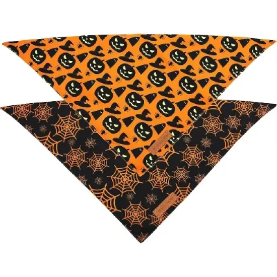 Halloween Dog Bandanas 2 Pack, Pumpkin and Spider Web Bibs, Triangle Reversible Fall Pet Scarf, Premium Durable Fabric, Adjustable Fit image {2}