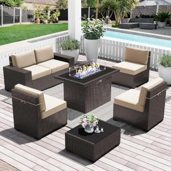 LayinSun 7 Pieces Outdoor Patio Furniture Set with 44" Fire Pit Table Brown Rattan Sectional Sofa Conversation Sets image {7}