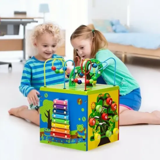 Costway 5-in-1 Wooden Activity Cube Toy Educational Learning Bead Maze w/ Rotatable Base image {1}