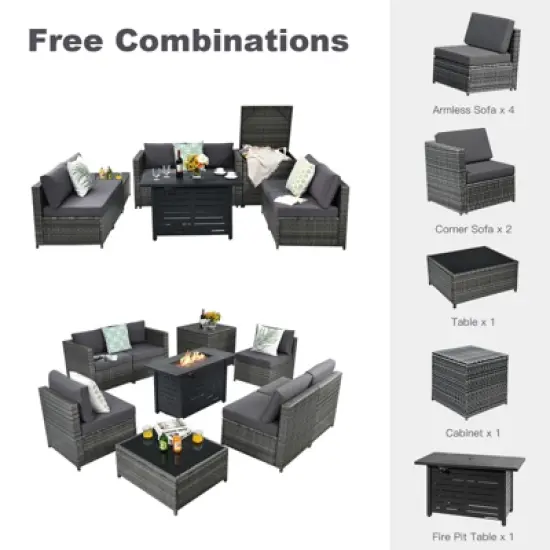 Tangkula 9 PCS Rattan Dinning Set Wicker Sofa w/Propane Gas Fire Pit 60,000 Btu Heater image {7}