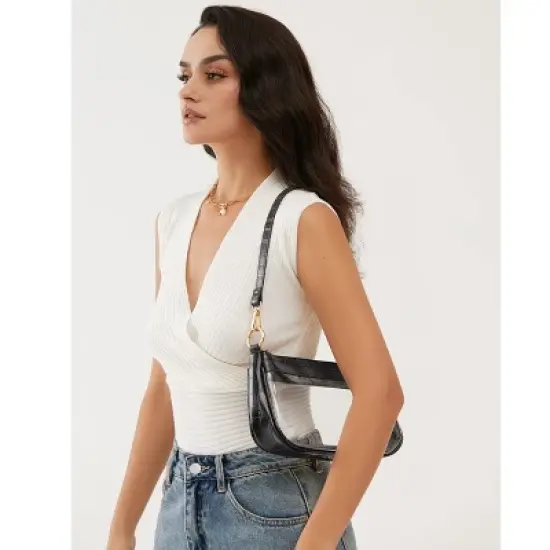 Clear Shoulder Handbag Classic 90s Purse Women Vegan Leather Crocodile Crossbody Bag (Black) image {6}