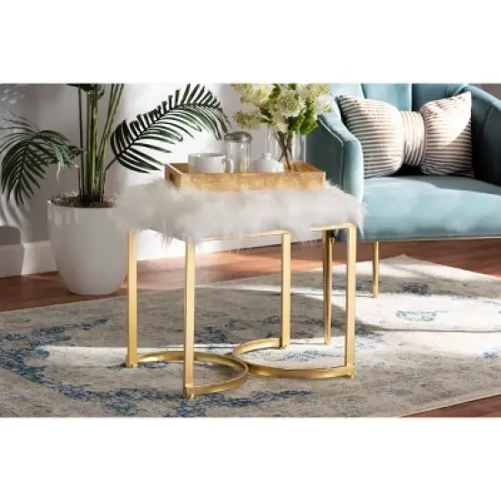 Gwyn Glam and Luxe Faux Fur Upholstered and Metal Ottoman White/Gold - Baxton Studio image {5}
