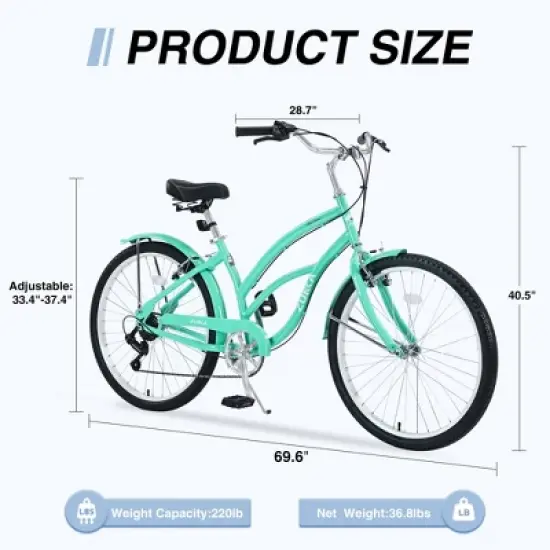 Gulches 26-Inch Beach Cruiser Bicycles - 7 Speed, Mint Green for Leisure and Commute image {4}