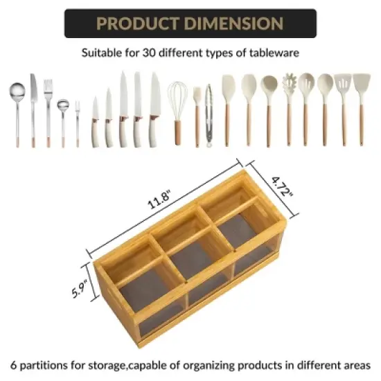 Bamboo Utensil Holder for Countertop, Kitchen Cooking Utensil Organizer with 6 Compartments & Diatomaceous Earth Drying Mat, Wood Silverware Caddy image {2}