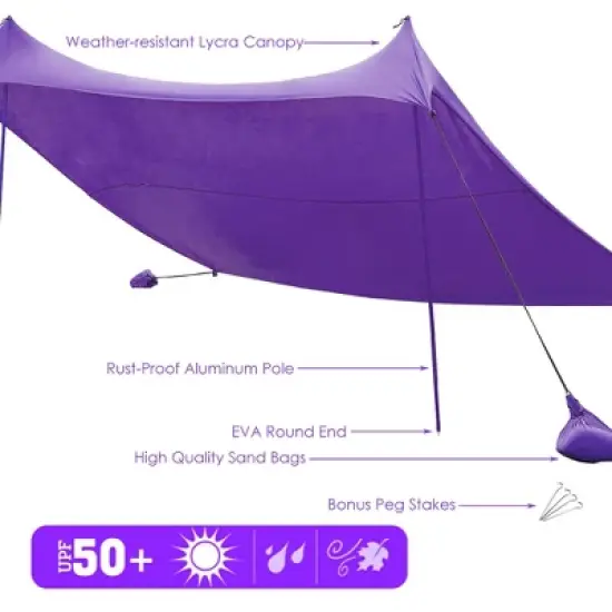 Costway Family Beach Tent Canopy w/4 Poles Sandbag Anchors 10'x9' UPF50+ Purple/Green/Blue image {4}