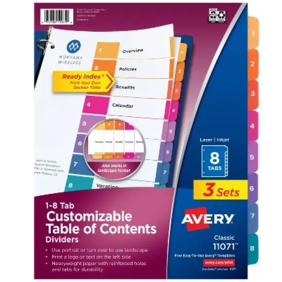 Avery Dividers for 3 Ring Binders, 8 Tabs per Set, Customizable Table of Contents, Multicolor Tabs (3 Sets of 11071) image {8}