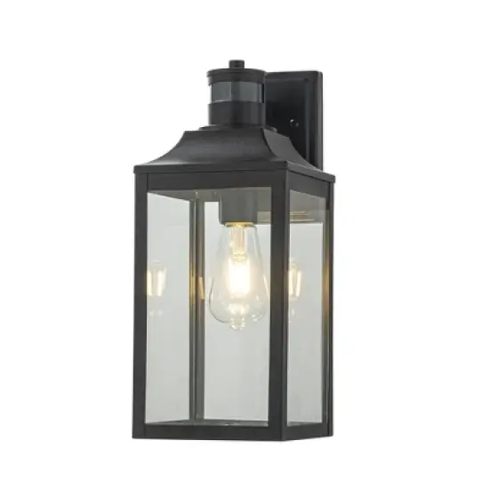ALOADECOR 1 Light H16 in. Farmhouse Outdoor Wall Lantern with Motion Sensor in Matte Black Modern Wall Sconce with Clear Glass for Courtyard image {2}