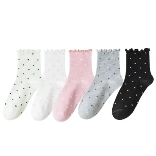 Anna-Kaci Women's Polka Dot Ankle Socks Set Soft Cotton Blend Ruffle Trim Cuff Multiple Color Combos 5 Pairs image {9}