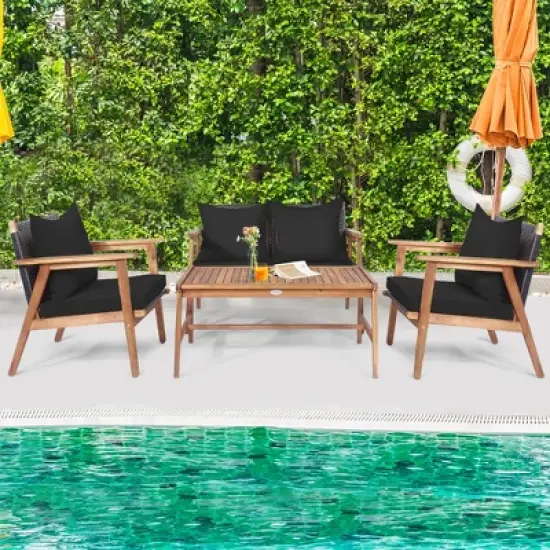 Costway 4PCS Patio Rattan Furniture Set Wooden Cushioned Sofa with Black & Turquoise Cover image {3}