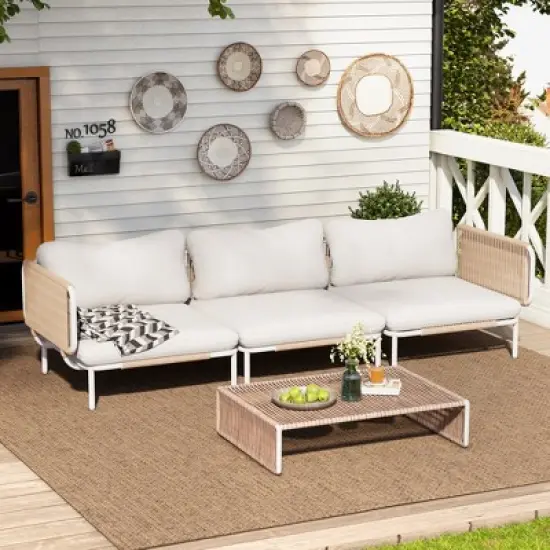 Crestlive Products Patio Furniture Set Oversized Metal Single Sofa Outdoor Sectionals Conversation Set with Cushion, White Frame and Beige Mat image {4}