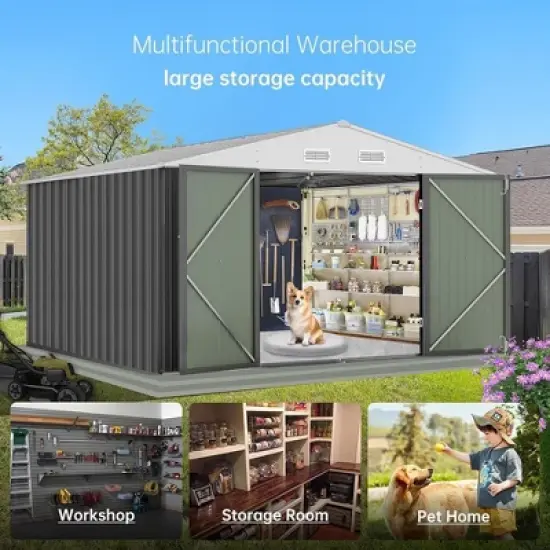 Outdoor Metal Storage Shed Steel Utility Tool House With Lockable Doors & Windows image {5}