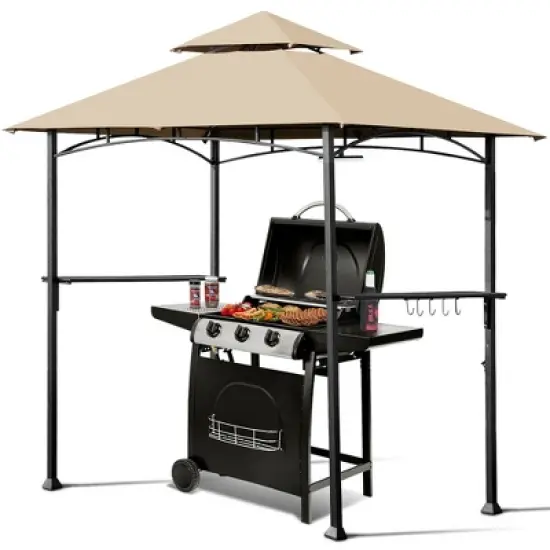 Costway 8' x 5' Outdoor Patio Barbecue Grill Gazebo w/ LED Lights 2-Tier Canopy Top Tan image {8}