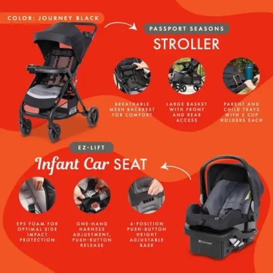 Baby Trend Passport Seasons Travel System Stroller with Padded Seat and EZ-Lift Infant Car Seat with Side Grip Handle, Journey Black image {1}