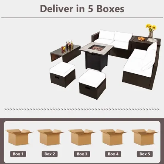 Tangkula 9 PCS Outdoor Patio Furniture Set w/ 30" Propane Fire Pit Table PE Wicker Space-Saving Sectional Sofa w/ Storage Box and Cushions Black/Gray/Navy/Red/Turquoise/Off White image {3}