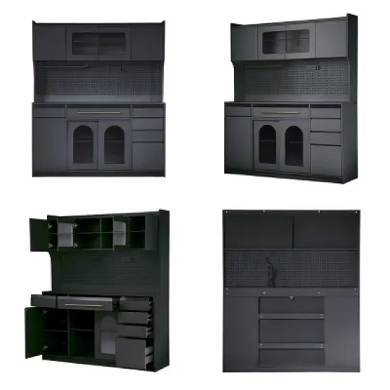 63'' Freestanding Kitchen Storage Cabinet Sideboard with Hutch, MDF Pantry Cabinet with Drawers and Adjustable Shelves, Power - The Pop Home image {4}