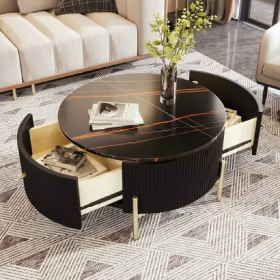 31.5" Modern Round Coffee Table, Accent Table with Marble Pattern Tabletop, Center Sofa Table for Living Room Apartment Office Balcony image {7}